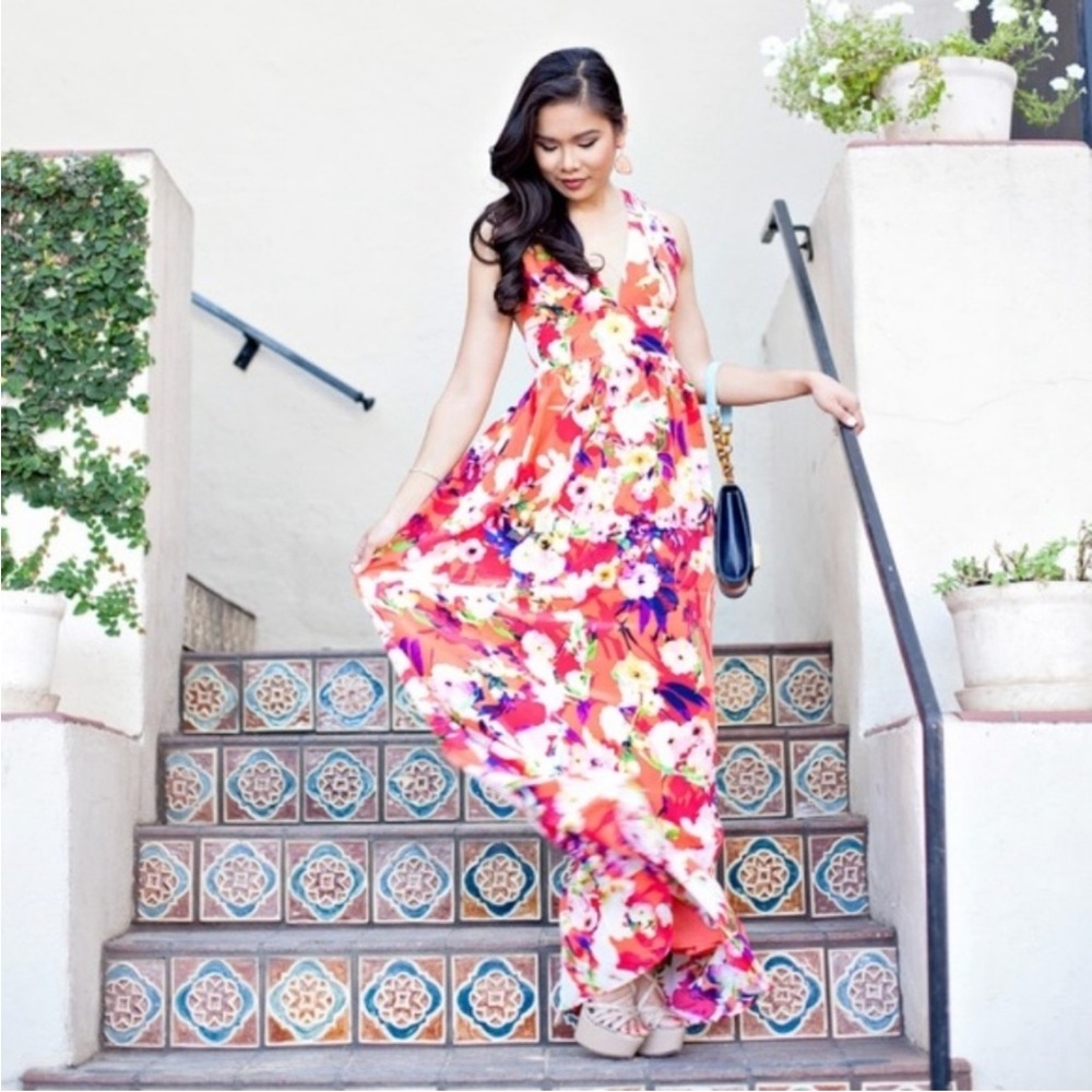 Yumi Kim Floral Enchanted Maxi Dress in Orange Pink Purple 100% Silk - S